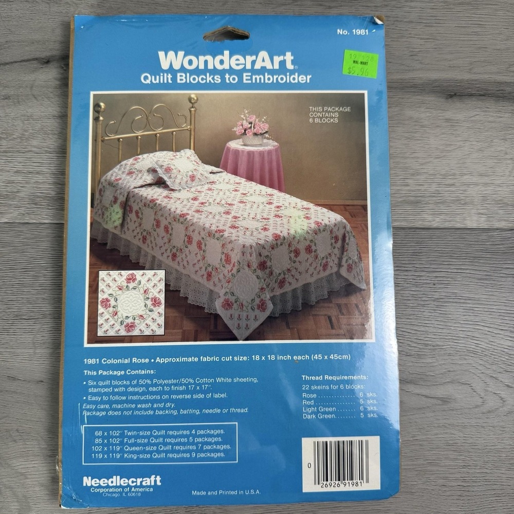 Vintage WonderArt 1981 Colonial Rose Quilt Blocks Cross Stitch Kit 6 18x18 USA